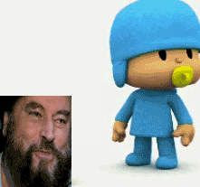 A Pocoyo GIF with his pilot design, while he’s pointing at one of the creators of the show.