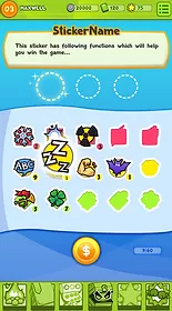 Screenshot of the sticker menu. This image tells us that stickers are used to provide advantages in battles. Image courtesy of Necklace Zhang. (Note: Screenshot taken before UIs were finalized, so this screen may have looked different later in development.)
