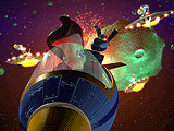 A screenshot of a second version of the demo, featuring Johnny begin chased by alien spaceships.