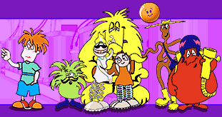 The Cadbury Land characters: Dudley Sidebottom, Wildlife, Chomp, Giant Buttons, Buttons, Shush, Curly Wurly, and Fudge.
