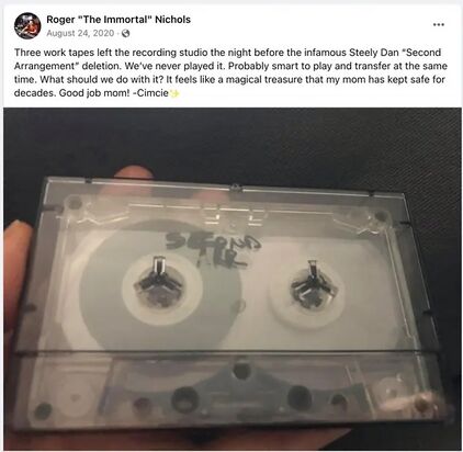 Facebook post from the official Roger Nichols page revealing the discovery of the unheard The Second Arrangement tape.