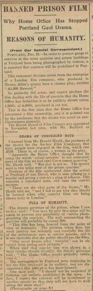 22nd December 1913 issue of The Daily Mirror reporting on the film's ban.