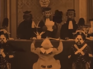 A surreal scene where a lion judge has Pinocchio thrown in jail. Note the bulldog bailiffs.