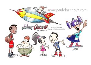 Production art with early versions of Sheen, Nick, Cindy, and Carl. Note that Johnny Quasar looks more like Jimmy Neutron, his final version, but still has the old name.