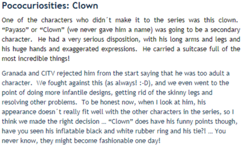 The clown character's description. Image published by the offcial Pocoyo Blog.