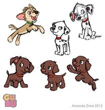 Concept art for Marshall and two unnamed pups.