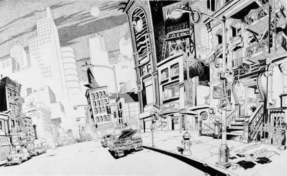 A cityscape for the comic prop drawn by Spain Rodriguez
