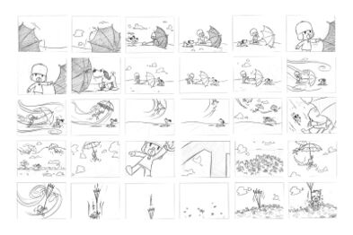 Early storyboard for the episode "Umbrella Umbrella" with the final designs.