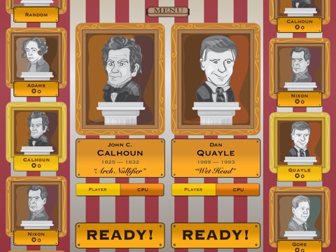 The boxer selection screan, featuring busts of the selectable Vice Presidents.