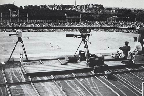 Television camera on top of the old Tavern Hotel, one of three cameras used to broadcast the second test.