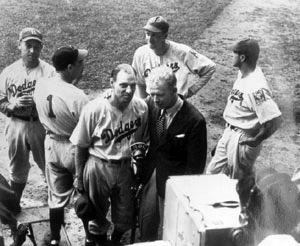 Red Barber interviewing Brooklyn Dodgers managed Leo Durocher prior to the doubleheader.
