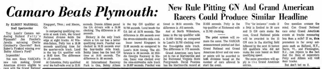 Newspaper clipping reporting on Grand American cars being allowed in combined events.