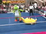 Yoshi and Pikachu fighting.