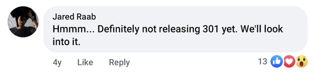 Jared Raab's first Facebook comment concerning the stealth season premiere.