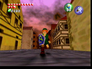 A screenshot of the player running through a town.