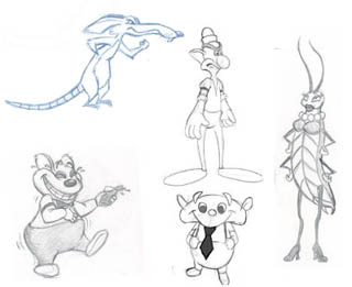 Rat from the pencil test patrol, the cockroach (original idea for Ms. Fit from the costume shop), two early bartender concepts from the Cutopia tavern (bottom), and the original design for Seedy.