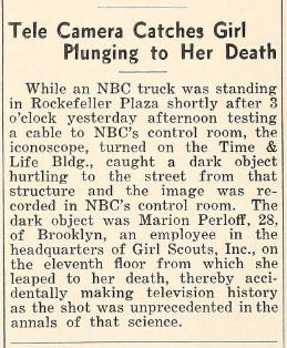 24th June 1938 issue of The Film Daily reporting on a television camera accidentally capturing footage of the suicide