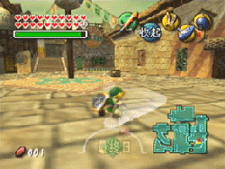 Link swinging his sword in Clock Town in The Legend of Zelda: Majora's Mask.