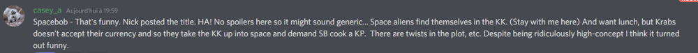 Casey Alexander on the "SpaceBob InvaderPants" episode on Discord.