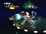 Another screenshot, with the alien spaceships firing lasers at Johnny