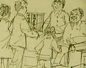 Another possible portion of the storyboard, or another portion of the same fan recreation. Depicts the family giving the wine to the grandfather.