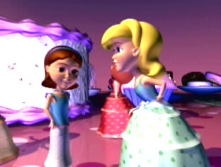 Image of Minty Mindy singing "Everyone is Beautiful on the Inside" to the short film's protagonist, Sandra.