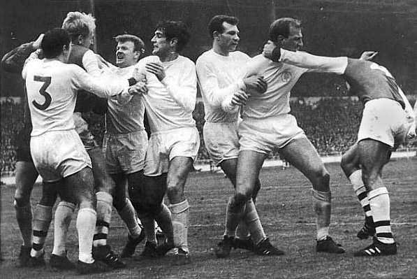 Leeds and Arsenal players engage in a fracas.
