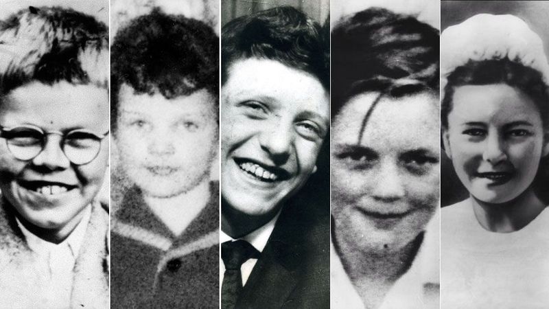 All five Moors murder victims. From left to right: Keith Bennett, Lesley Ann Downey, Edward Evans, John Kilbride, and Pauline Reade.