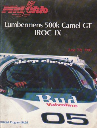 The Mid-Ohio race advertised as part of the 1985 Lumbermens 500K Camel GT race program.