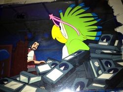 A cel showing Wolfman Jack and Bopper near Betamax tapes.