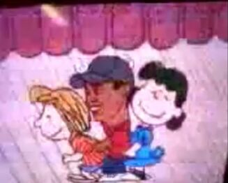 Peppermint Patty, Woods and Lucy in the Christmas skit doing something inappropriate.