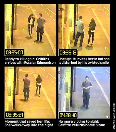 Set of CCTV images of Griffiths trying to convince Edmondson to come inside with him, with descriptions provided by Daily Mirror.