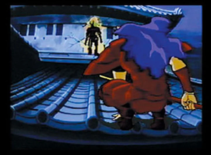 Screenshot of Sharaku (写楽) encountering the third boss of the game, Caesar (シーザー).