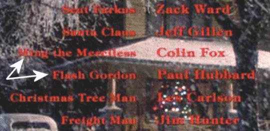 A screenshot of the end credits of the movie which credits the actors who played Flash Gordon and Ming the Merciless, despite never appearing in the final version of the film.