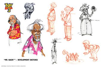 Toy Story 3 concept art for Mr. Kagoy, the founder of Wocka-Wocka Toys by Shane Zalvin.