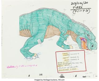 The Land Before Time Sharptooth Model Cel and Drawing Don Bluth, 1988 2.jpg