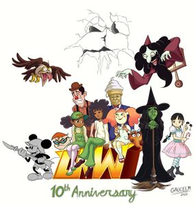 10th anniversary of the Lost Media Wiki! LMW-tan celebrates with other lost media heroes. Can you recognize them all?