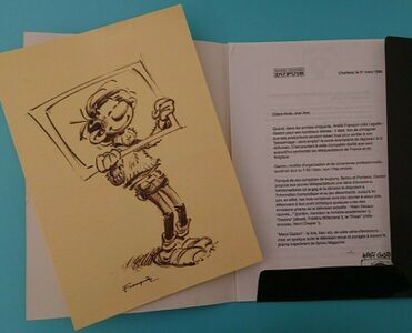 Press kit describing the concept of Merci Gaston!, with an exclusive drawing by Franquin himself.