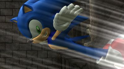 Sonic flying through the air.