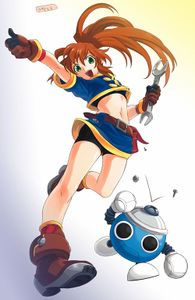Artwork of Precis F. Neumann, the game's main protagonist, and her robot