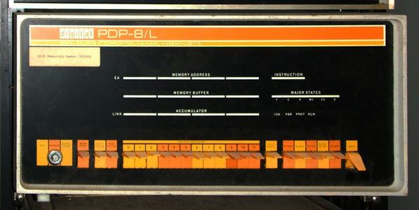 One version of the DEC PDP-8, the PDP-8/L. Note that this machine has a sticker with a DECUS membership number, presumably of the original owner/operator.