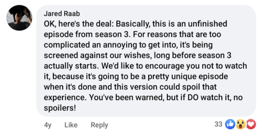 Jared Raab's second Facebook comment concerning Nirvanna The Band The Show's third season premiere, after contacting Viceland directly.