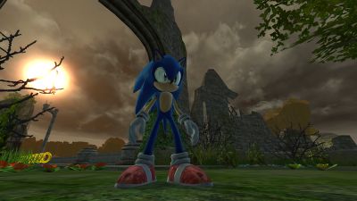 Sonic standing in the stage's opening area but at dusk.