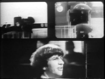 A scene from The Long and Winding Road work-print where split-screen effects are used to illustrate Beatlemania.