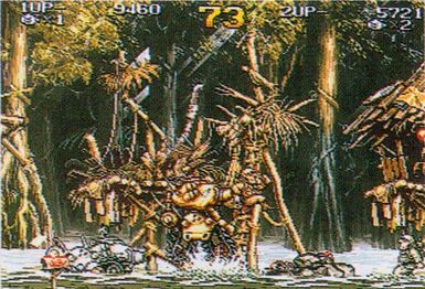 Two-person play screen. The color of Metal Slug is silver for player 1 and gold for player 2.