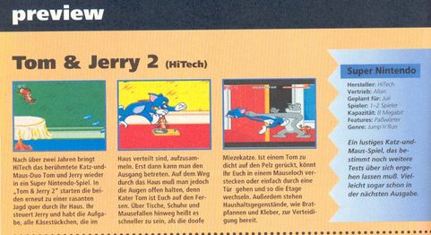 Article of the game, still under the title "Tom & Jerry 2", from issue 16 of German magazine Nintendo Fun Vision (May 1995).