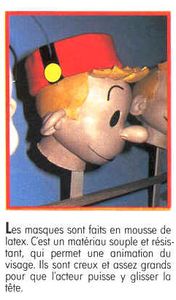 Spirou masks. Text specifies they are made of latex foam, both supple and sturdy.