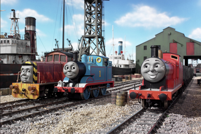 Salty, Thomas and James at Brendam Docks.