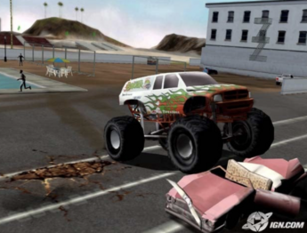 Screenshot of the Eradicator truck crushing a car with unused pedestrians running in the background.