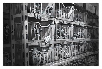 Toy Story 3 concept art of The "Recall Room" by Jim Martin.